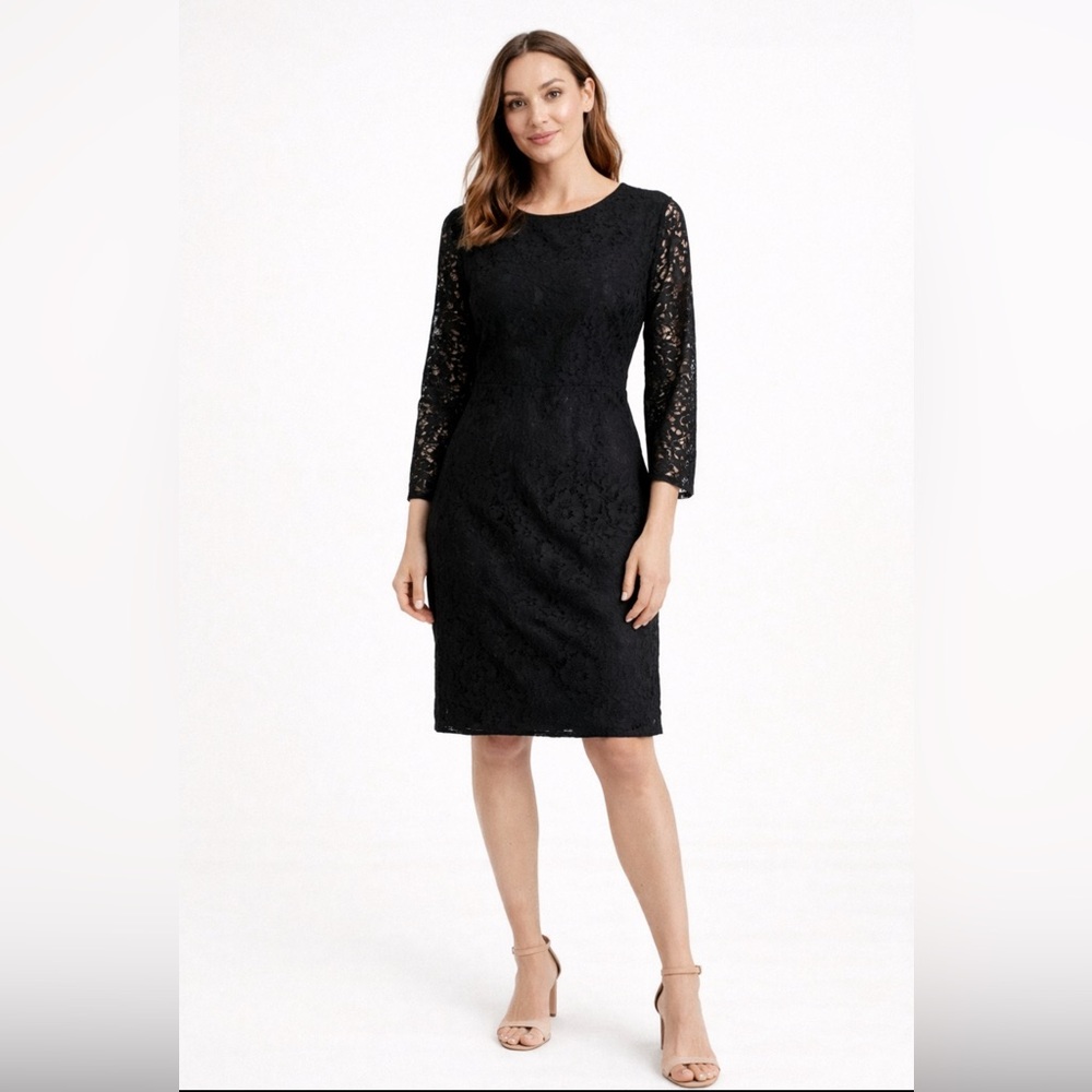 J Crew Dress Black 4 Lace Stretch Cotton Sheath Long Sleeve  Career Church